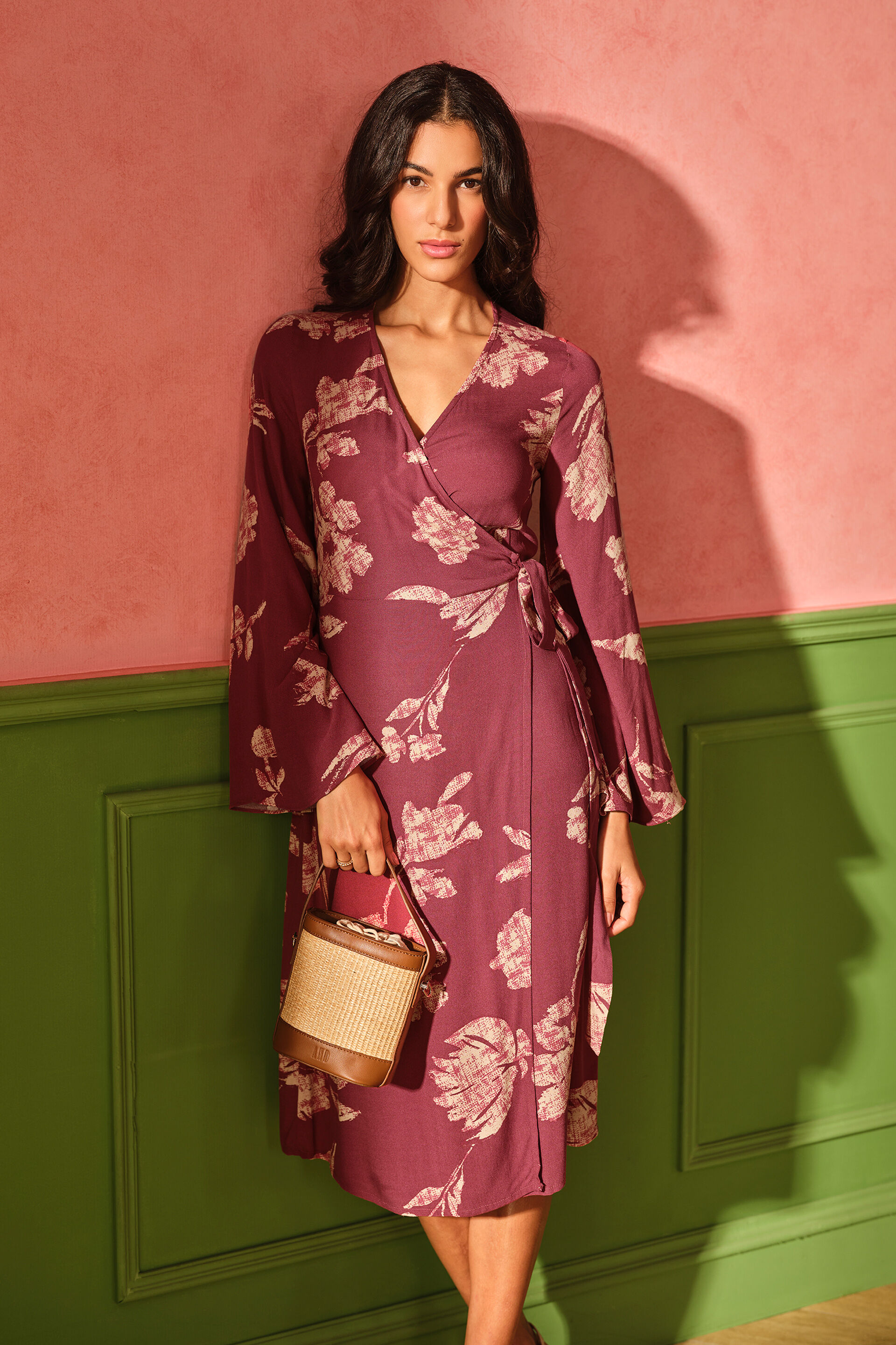 Amber Blossom Wrap Viscose Dress, Rust, image 2